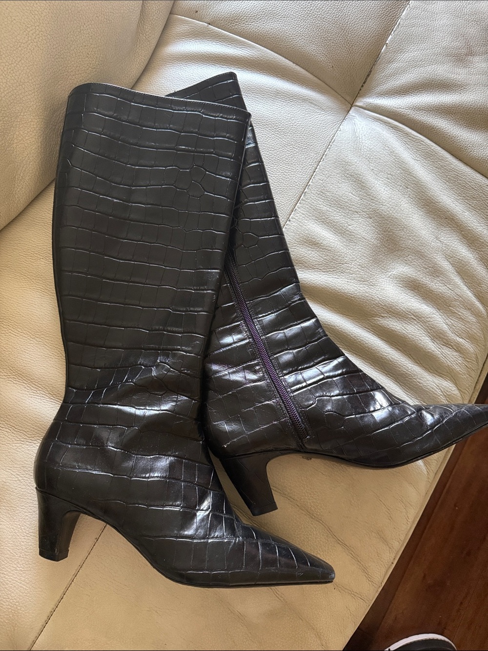 SCHUTZ Black Croc-Embossed Knee Boots with Mid Heel